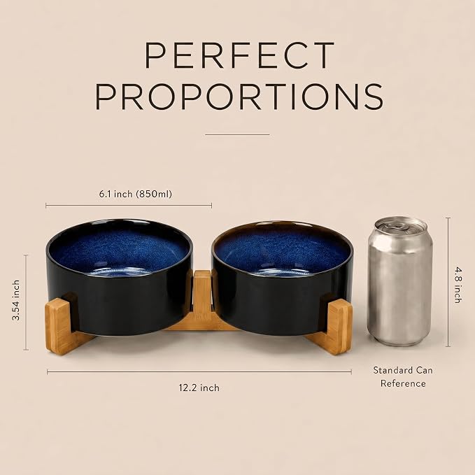 SPUNKYJUNKY Ceramic Dog and Cat Bowl Set with Wooden Stand, Modern Cute Weighted Food Water Set for Small Size Dogs (13.5OZ) & Medium Sized Dogs (28.7OZ) & Cats (3.6 Cups, 2 × Starry Blue)