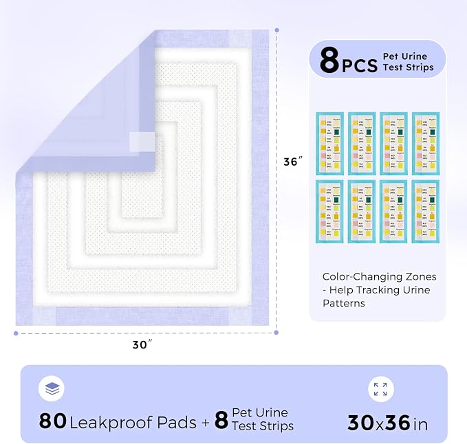 ZOMISIA 3D-Barrier Puppy Pee Pads for Dogs, 18 Cups Absorb & Rise Puffy Gel-Wall Leak-Proof, 30"x36" 80 Counts + 8 Pet Urine Test Strips, Super Absorbent Disposable Potty Training Pads