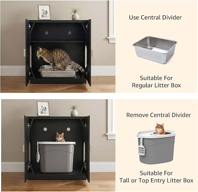 unipaws Tall Cat Litter Box Enclosure with Shelves, Hidden Litter Box Cover for Tall or Top Entry Litter Box, Kitty Enclosed Litter Box Cabinet, Cat Box Furniture, Black