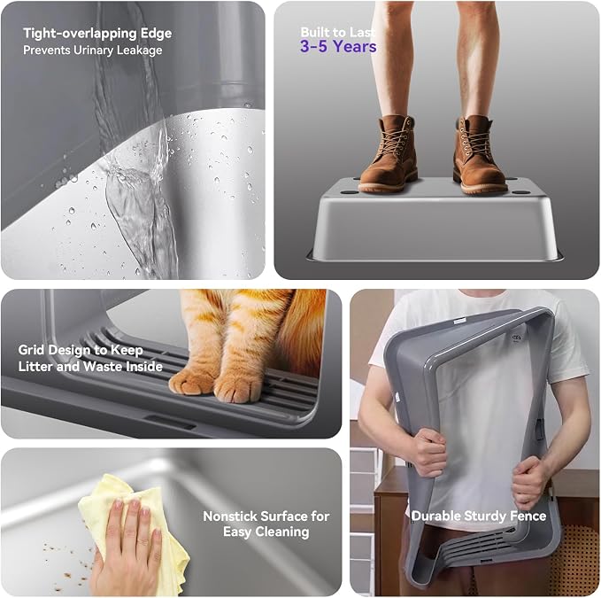 Stainless Steel XL Cat Litter Box for Cats, High-Sided Design Prevents Urine Leakage, Non-Stick, Easy to Clean, Includes Scoop, Grey