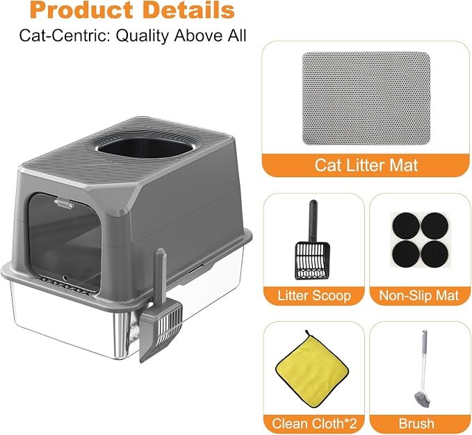 Extra Large Stainless Steel Cat Litter Box Enclosed with Lid - 23.6" x 15.7" x 16.5" Metal Cat Litter Box XXL for Cats, Front Top Entry High Side Kitty Litterbox，Scoop & Mat, Anti Leakage, No Sticky