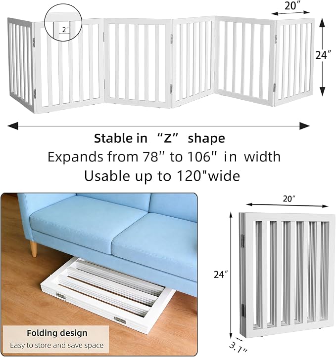 Foldable Indoor Dog Gate for The House Freestanding Stairs Nature Wooden White Pet Gate for Doorway Puppy Gate for Dogs Expandable Dog Fence for Stairs or Hallways 24"" Height 6 Panels