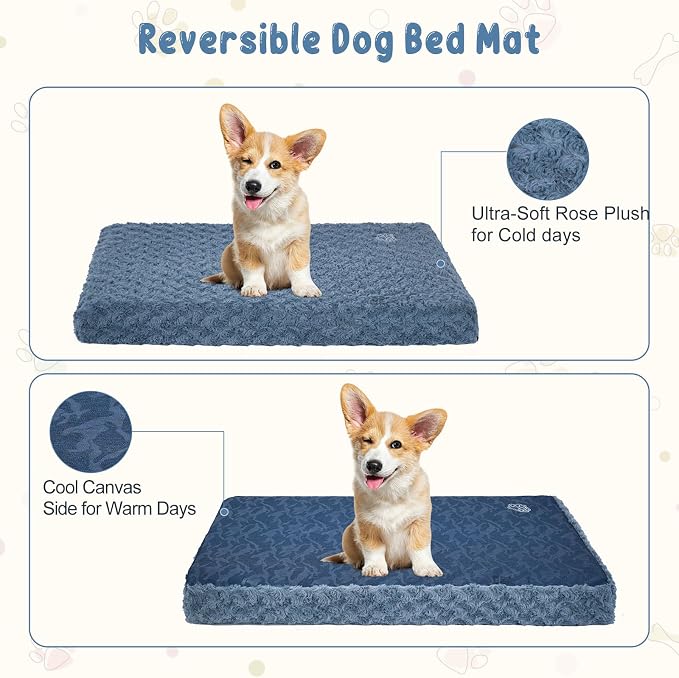 EMPSIGN Stylish Dog Bed Mat Dog Crate Pad Mattress Reversible (Cool & Warm), Water Proof Linings, Removable Machine Washable Cover, Firm Support Pet Crate Bed for Small to XX-Large Dogs, Navy/Grey