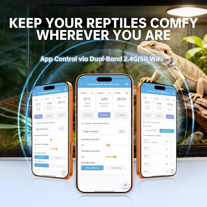 Briidea Smart WiFi Temperature and Humidity Controller with Timer Outlet, 3-in-1 Reptile Thermostat Hygrostat, App Control via Dual-Band 2.4G/5G WiFi for Greenhouse, Incubator, Mushroom, and Homebrew