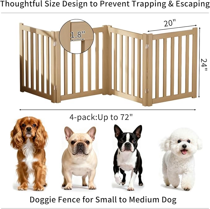 4-Panel Solid Wood Dog Gate - Freestanding Folding Pet Gate for Doorways, Stairs, Indoor, 24" Height, No Installation Needed, Natural Wood