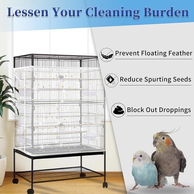 Daoeny 2PCS Bird Cage Seed Catcher, Large Bird Cage Cover, Adjustable Soft Airy Nylon Mesh, Birdcage Cover Skirt Seed Guard for Parrot Parakeet Macaw Round Square Cages (Black & White Sequins Star)