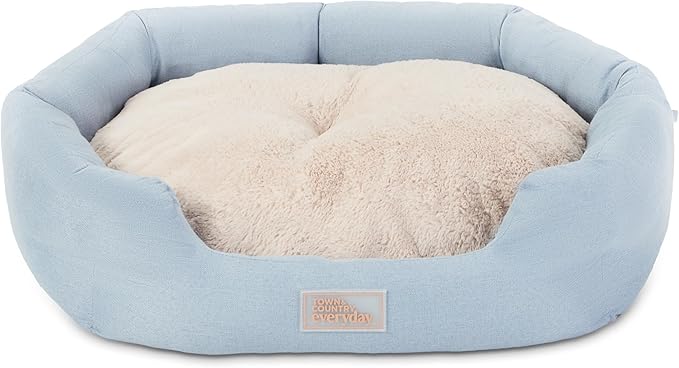 Town & Country Everyday CuddleTown Faux Linen Comfy Cozy Cuddler Pet Bed, Supportive & Calming Egg Crate Foam, Non-Slip Bottom, Machine Washable Cover, Blue, Medium 28"x26"x8"