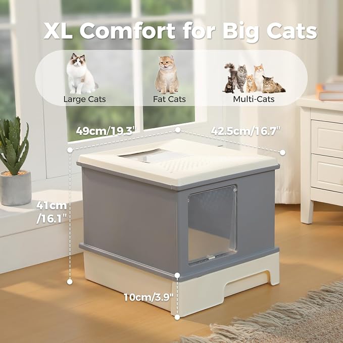 PEQULTI Large Cat Litter Box with Lid, 88L High Capacity Covered Kitty Litter Box, Anti-Leaking Raised Edge Guard, Pull-Out Drawer Design & Foldable Large Scoop, Front & Top Entry for Big Cats, Grey
