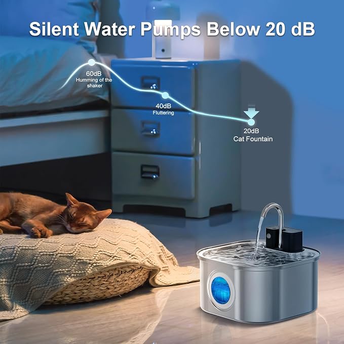 Cat Water Fountain Wireless,Stainless Steel-Rechargeable- Battery Operated Cat Water Fountain,108oz/ 3.2l Automatic Cordless Pet Fountain,Pet Fountain with 4200 Mah Battery