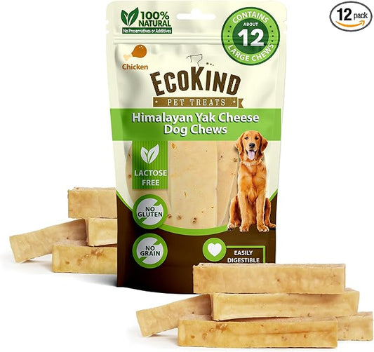 EcoKind Yak Cheese Himalayan Dog Chews, Yak Chews for Large Dogs, Long Lasting Bone for Aggressive Chewers, 4 Ingredients, Natural High Protein Treats, No Additives, Chicken, Large 12+ Chews (3 lbs)