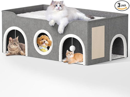Top Bed Three Rooms Cat Condos,All-in-1 Extra-Wide Cat House for Indoor，Multi Cats Puppy Family, Large Cat Cave for Pet House with Fluffy Ball Hanging and Scratch Pad, Foldable Hideaway