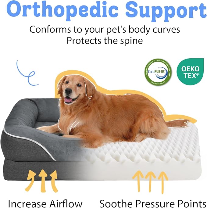 Chez Paw XXL Orthopedic Dog Bed for Extra Large Dogs, Extra Thick Egg-Crate Foam Waterproof Pet Couch with Removable Washable Cover, 4-Sided Bolster & Non-Slip Bottom, Grey 45"x35"x7.5"