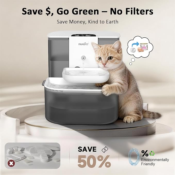 [New Upgrade] Famifit 4.5L+2L Heated Automatic Cat Water Fountain, 4000mAh Battery, Warm Water Option, Timed & Measured Control, Clean Water System, No Filter, Ceramic Bowl, Plug-in Recommended