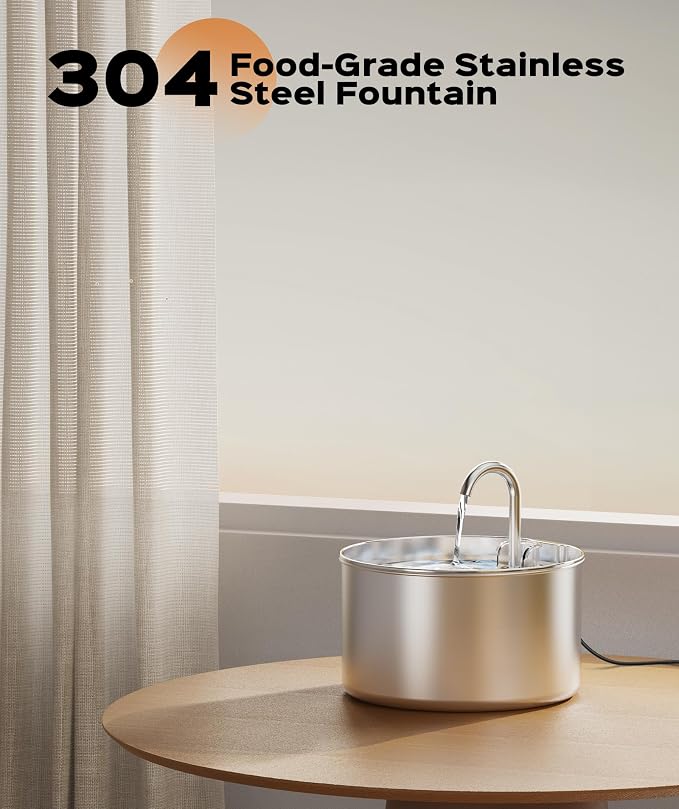 Cat Water Fountain Stainless Steel + 8 filters + 8 Sponges - Pet Water Fountains Faucet Metal Automatic Cat/Dog Waterer Bowls Pets Watering Running Bottle Water Dispenser for Drinking Ultra Quiet Pump