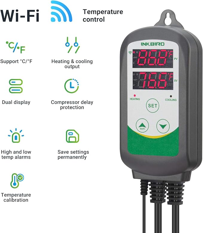 Inkbird WiFi ITC-308 Digital Temperature Controller Aquarium Thermostat for Aquarium Heater and Cooler, with Waterproof Sensor.