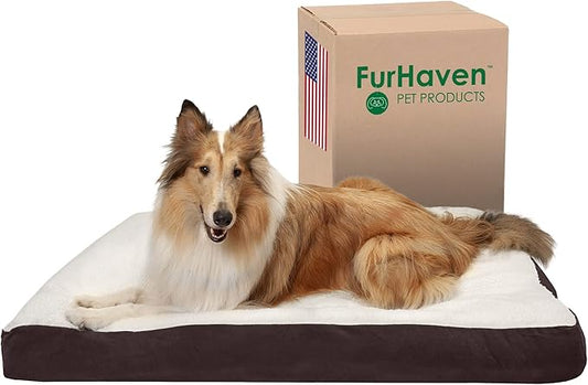 Furhaven Pillow Dog Bed for Large Dogs w/ Removable Washable Cover - Sherpa & Suede Mattress - Espresso, Jumbo/XL