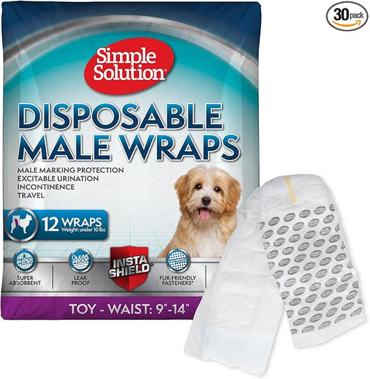 Simple Solution Disposable Male Wraps, Absorbent Leak Proof Belly Bands for Dogs, Incontinence Aid, Puppy Training, Marking Control, and Travel Protection, Toy Dogs, 9–14 Inch Waist, 30 Count