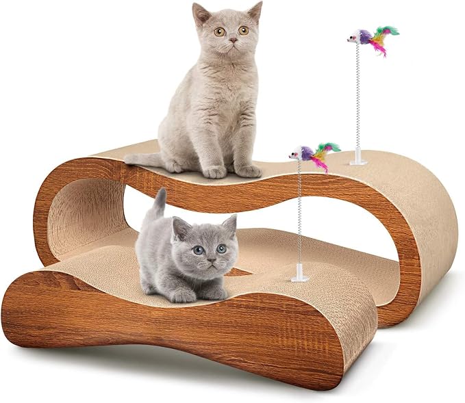 Simple Delxue 2 in 1 Cat Scratcher Lounger, Large Horizontal Cardboard Cat Scratcher with 2 Plug-in Teaser Wand, 100% Recyclable & Reversible Scratching Pads Prevents Furniture Damage