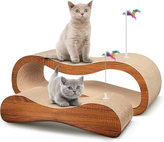 Simple Delxue 2 in 1 Cat Scratcher Lounger, Large Horizontal Cardboard Cat Scratcher with 2 Plug-in Teaser Wand, 100% Recyclable & Reversible Scratching Pads Prevents Furniture Damage