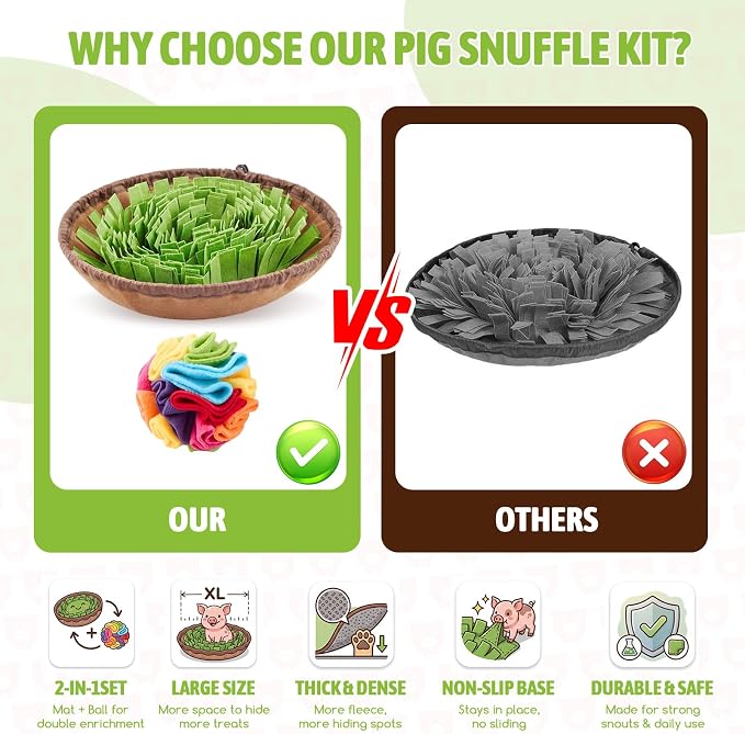 Pig Snuffle Mat and Snuffle Ball Kit for Mini Pigs, Potbellied Pigs, Interactive Rooting, Foraging, and Enrichment Toys, Slow Feeding, Portable Non-slip Mat and Ball for Pig Toys Accessories