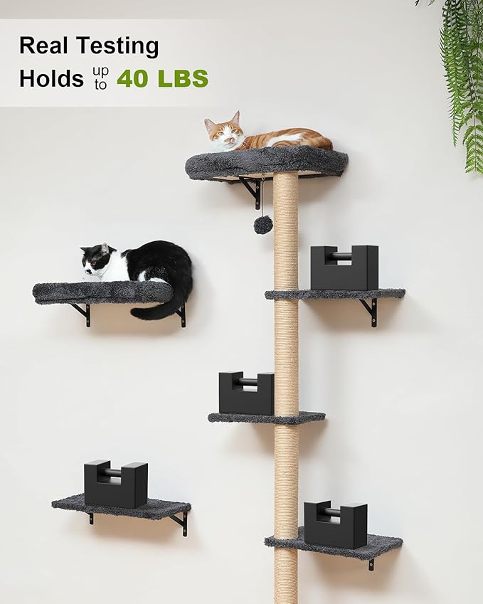 FUKUMARU Cat Wall Shelves Set, 70 Inch Stable Wall Mounted Tree, Kitten Scratching Post with Soft Cushion Perch, Space Saving Climbing Wall Furniture for 16 Inch Drywall - Gray