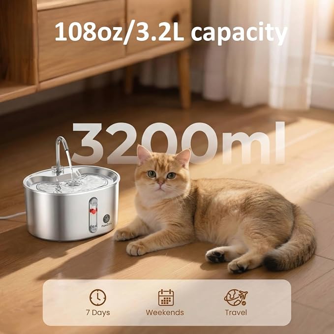 Cat Fountain 3.2L Large Capacity, Ultra Quiet 18 dB Water Dispenser, Enabled Multi-Stage Filtration, Includes 4 Extra Filters