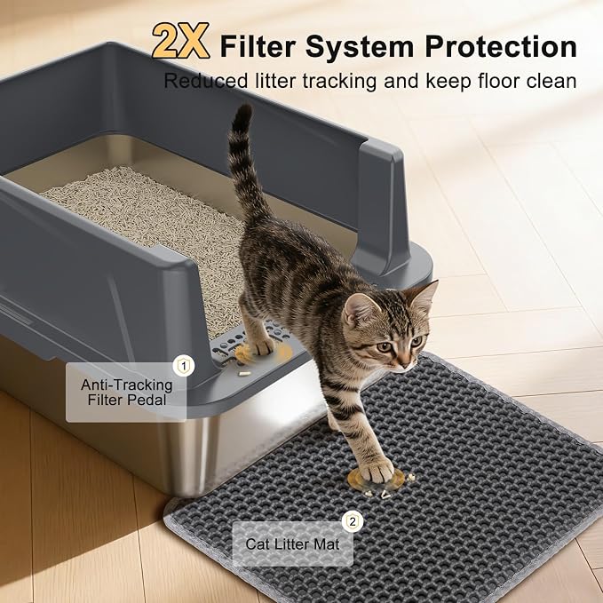 FURTIME Stainless Steel Cat Litter Box, Easy-Clean High-Sided Metal Litter Box, Open-Top Litter Pan for Small Cats, Includes Scoop & Mat, Non-Stick, Anti-Leakage, 17"×13"×8.4"