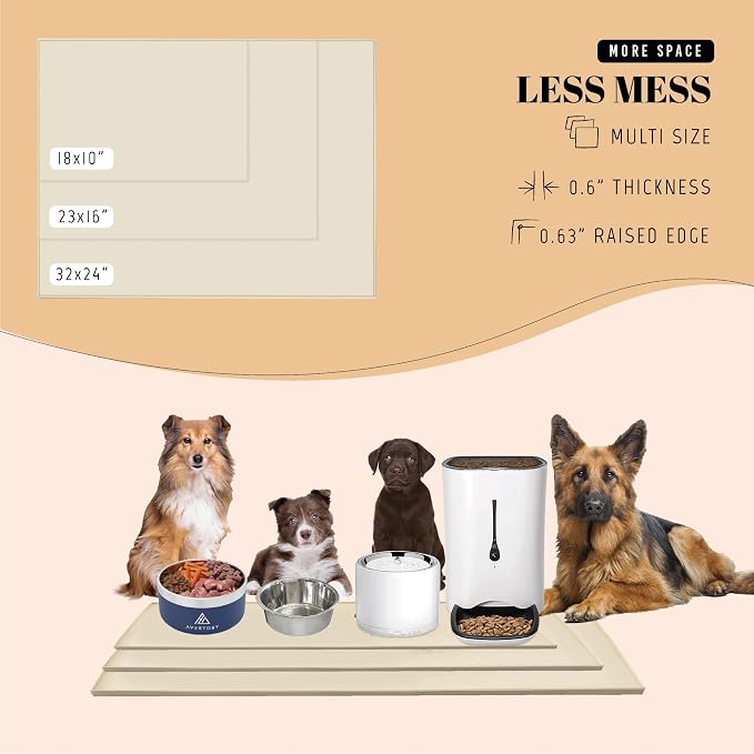 AVERYDAY 100% Waterproof Thicker Silicone Dog Food Mat, 0.63'' Raised Edge Bowl Mat for Food & Water, Non Slip Pet Feeding Placemat for Messy Drinkers, Perfect for Large Medium Small Breeds, 23"x16"