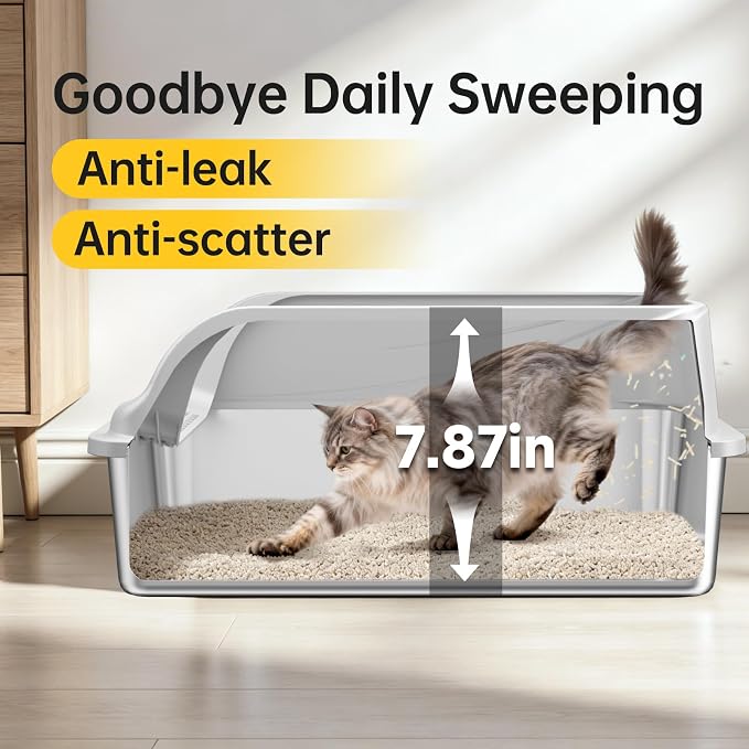 Stainless Steel XL Cat Litter Box for Cats, High-Sided Design Prevents Urine Leakage, Non-Stick, Easy to Clean, Includes Scoop, Gray L