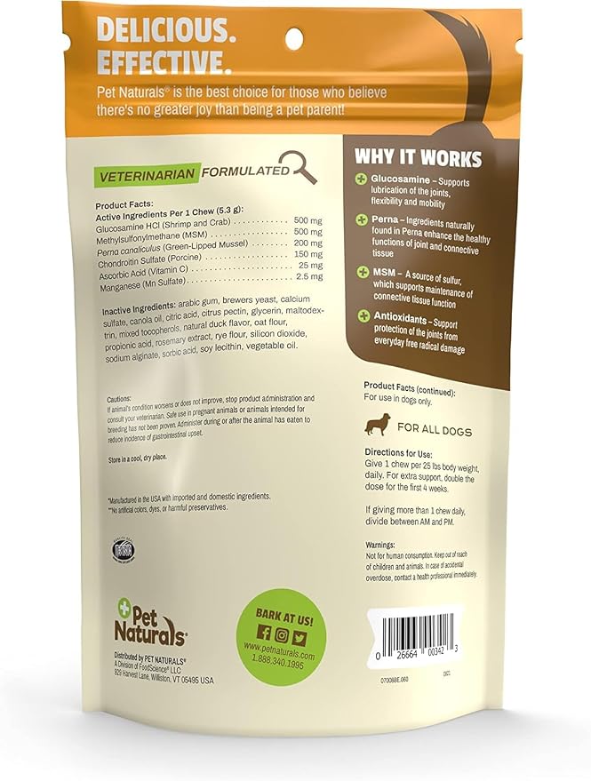 Pet Naturals Hip and Joint Pro Supplement with Glucosamine, Green-Lipped Mussel, and Chondroitin for Dogs, Duck Flavor, 60 Chews