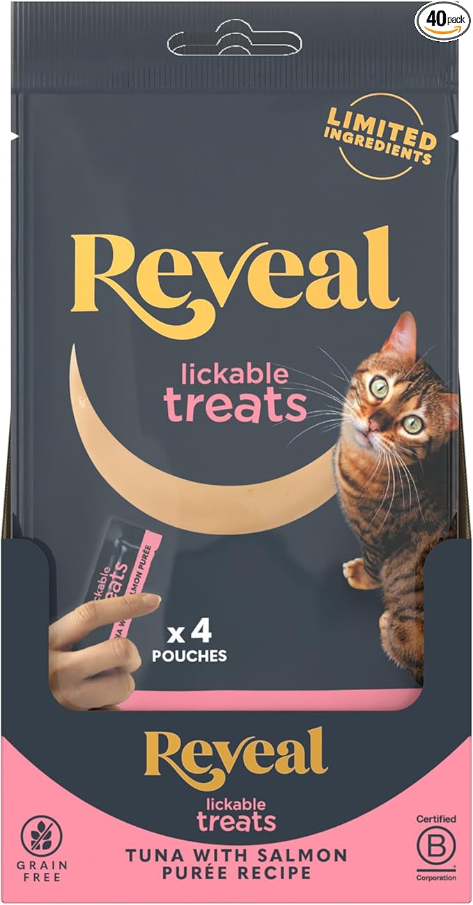 Reveal Tuna with Salmon Puree Lickable Cat Treats 40-Pack, Limited Ingredient, Grain Free, Protein Squeeze Up Cat Treats for Training or Food Topper (40 x 0.5 oz Pouches)