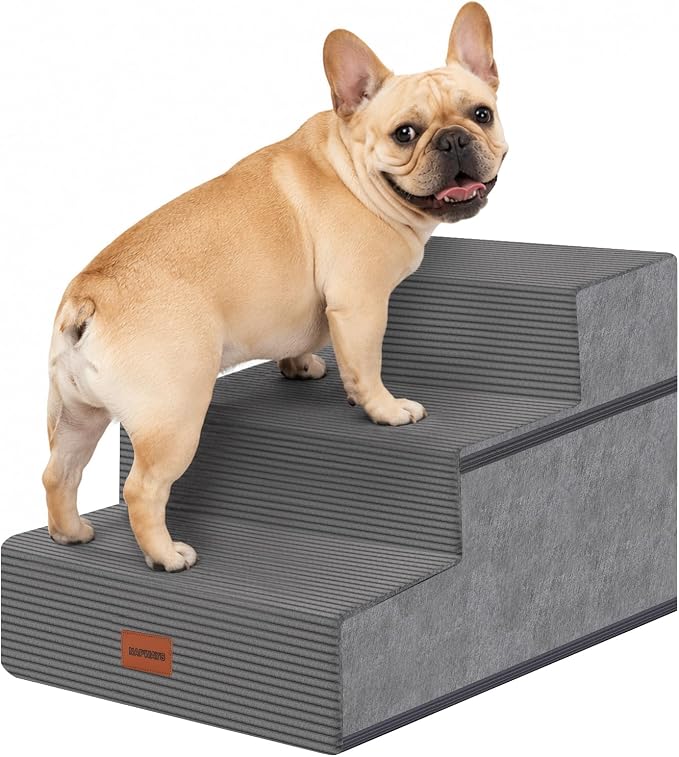Dog Stairs for Small Dogs, 13.5" H, 3-Step Pet Steps for Bed Couch Sofa and Chair, Non-Slip Balanced Pet Ramp for Injured & Senior Pets with Washable Cover and Durable High Density Foam, Grey