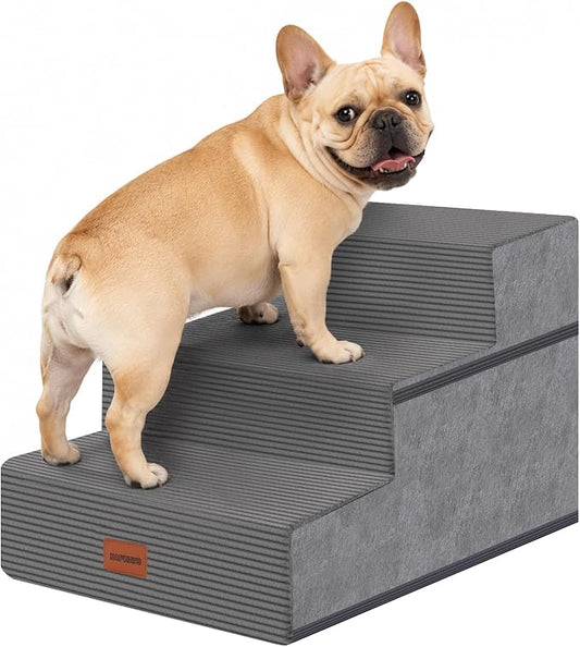 Dog Stairs for Small Dogs, 13.5" H, 3-Step Pet Steps for Bed Couch Sofa and Chair, Non-Slip Balanced Pet Ramp for Injured & Senior Pets with Washable Cover and Durable High Density Foam, Grey