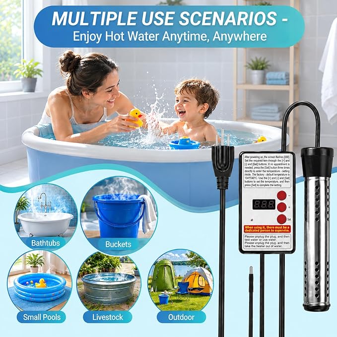 Hot Tub Heater -Portablepool Heater-1500W-Digital Display Temperature Control and Dry-Burn Protection-for Bathtubs-Buckets-Small Pools