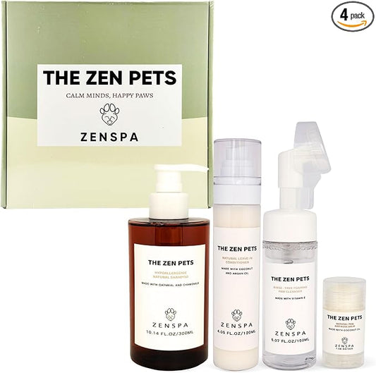 ZenSpa 4-in-1 Dog Spa Kit | Oatmeal Shampoo, Conditioner, Paw Cleaner and Nose Balm | Hypoallergenic Natural Formula for Sensitive Skin | All Breeds and Puppies