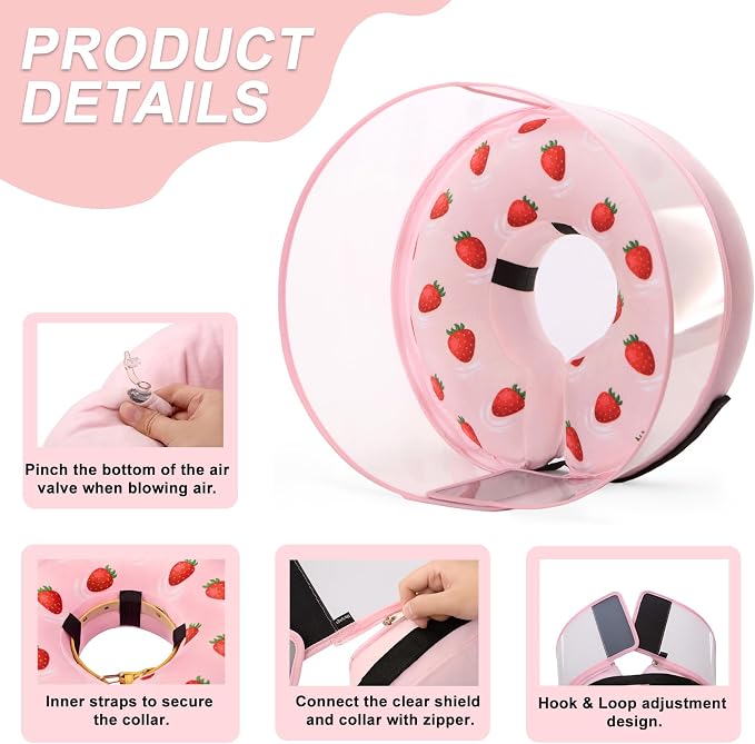 Inflatable Dog Cone Collar for Large Medium Small Dogs, Soft Dog Donut Collar Adjustable Recovery Cone for Pets After Surgery, Extra Enhanced Anti-Licking Guard Shield (Strawberry Print, Large)