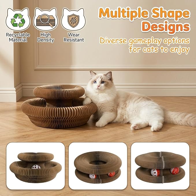 Kitlty Kurliz Cat Toy,Magic Organ Cat Scratcher Board,Foldable Recyclable Cat Accordion Toy,Interactive Scratch Pad with Toy Ball,Interactive Cat Toys for Indoor Cats Exercise & Anxiety Relief (2 PC)