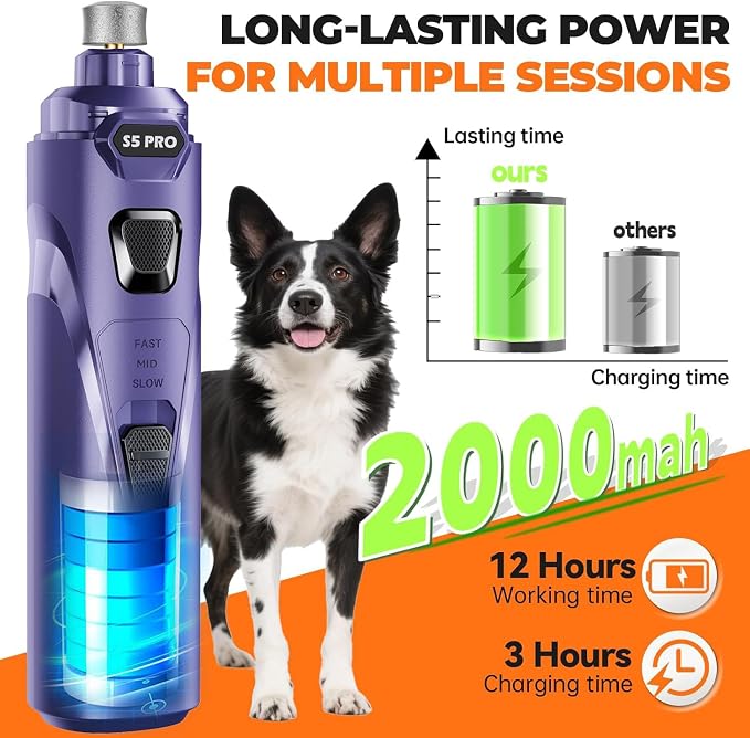 Whisper Quiet Dog Nail Grinder with 4 LED Lights, Safe & Stress-Free for Sensitive Dogs Cats of All Breeds & Sizes, 3 Grinding Bits, 3-Speed, Pet Nail Trimmers, Rechargeable Painless Grooming Kit Blue