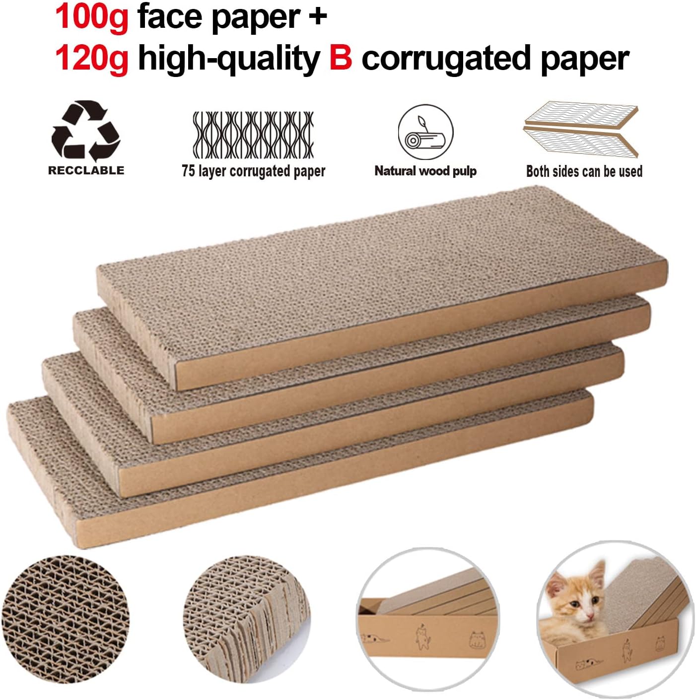 4 Packs in 1 Cat Scratch Pad with Box, Cat Scratcher Cardboard,Reversible,Durable Recyclable Cardboard, Suitable for Cats to Rest, Grind Claws and Play with Scratch Box