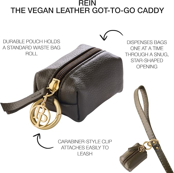 Rein - The Recycled Vegan Leather Pouch Durable Heavy Duty Bag Holder, Leash Attachment Made With Sustainable Materials, Custom Hardware for Small, Medium & Large Dogs, Scottish Olive