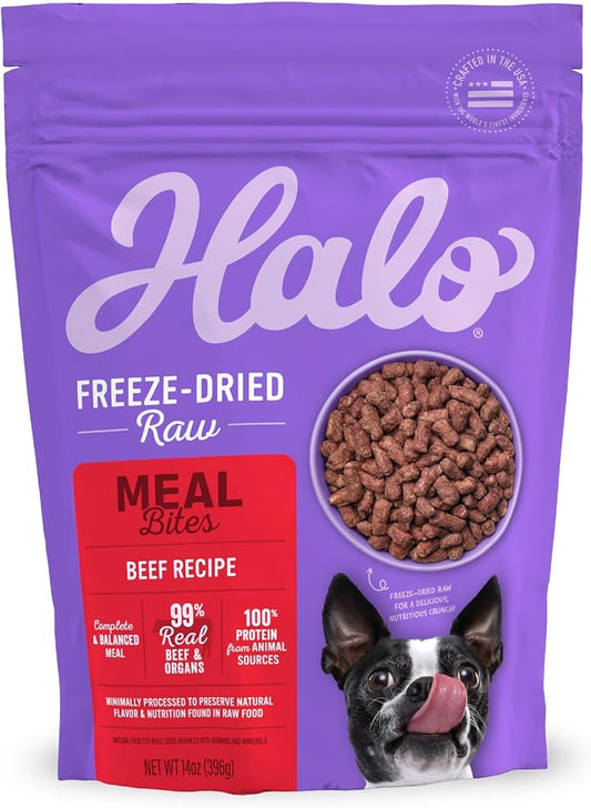 Halo Freeze-Dried Raw Dog Food, Beef Recipe Meal Bites, Grain Free Real Meat Nutrition & Natural Energy, 100% Animal Protein Source for Adult Dogs, 14 oz Bag