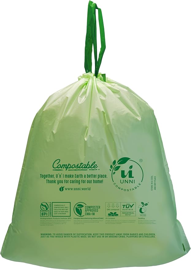 UNNI Compostable Drawstring Bags, 1.2 Gallon, 4.5 Liter, 80 Count, Heavy Duty 1 Mil, Small Kitchen Food Scrap Waste Bags, ASTM D6400, US BPI, CMA & Europe OK compost Certified, San Francisco