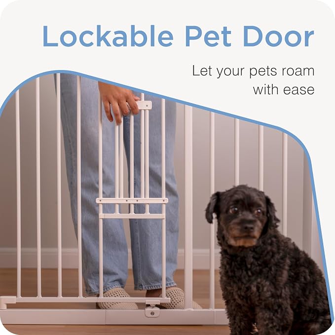 Perma Child Safety 30-inch Tall Extra Wide Metal Baby Gate with Small Pet Door, Easy Fit, Pressure Mounted Fits Openings up to 44-inches, Includes 4-inch and 8-inch Extensions