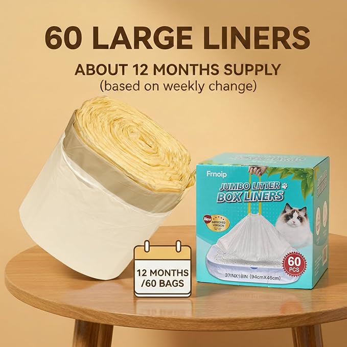60 Pack 37"x18"Cat litter box liners – No-Tear, Easy-Pull 3MIL Leakproof Jumbo Litter Box Liners, Heavy Duty Drawstring, Boxed Packaging, Odor Control Kitty Litter Bags with Adjustable Elastic Band