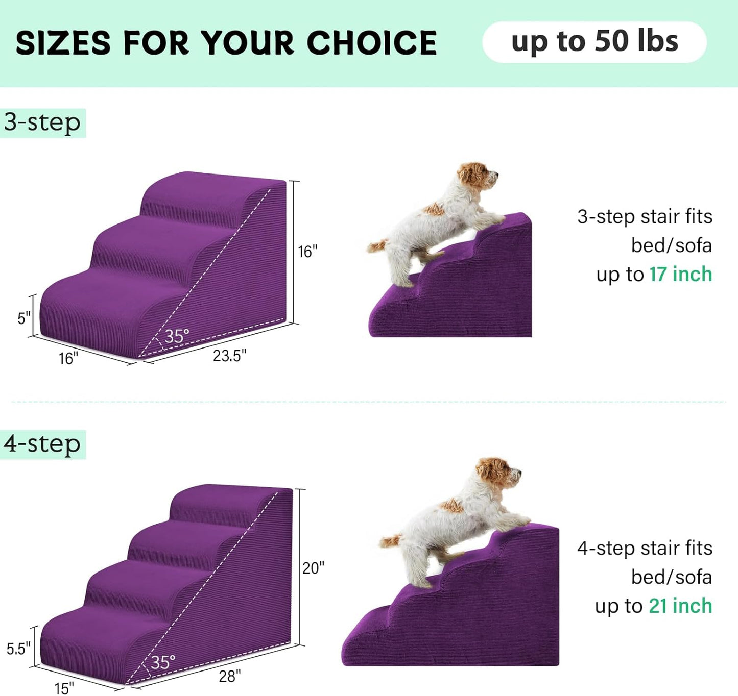 Dog Steps for Small Dogs, 3-Step Dog Ramp and Stairs for High Beds and Sofa, Non-Slip Pet Stairs Removable and Easy to Clean Cover, Purple