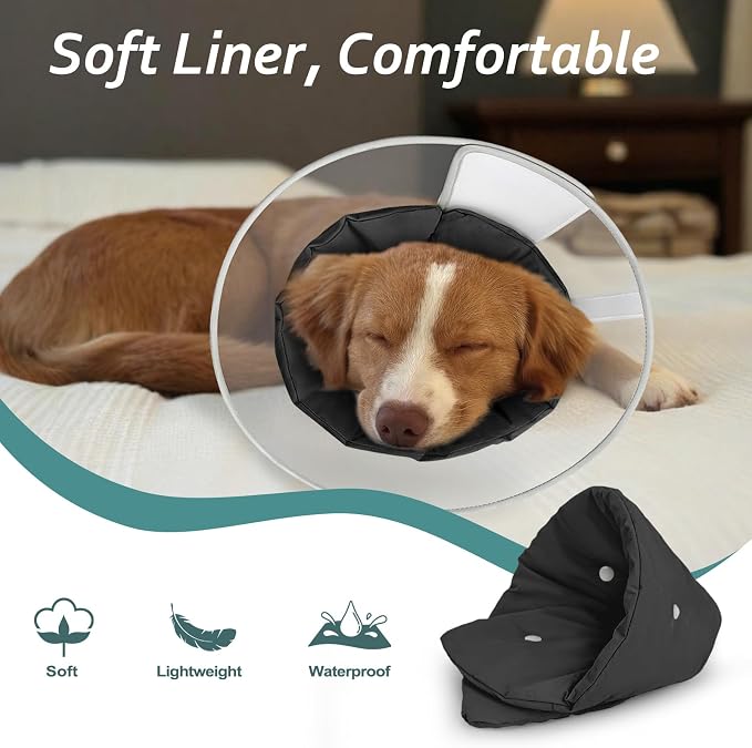 Dog Cone Collar with Snap-on Detachable Soft Liner, Lightweight Transparent Elizabethan Alternative to Stop Licking, for Spay Neuter Surgery Recovery, for Medium Large Small Dogs (Black,XL)