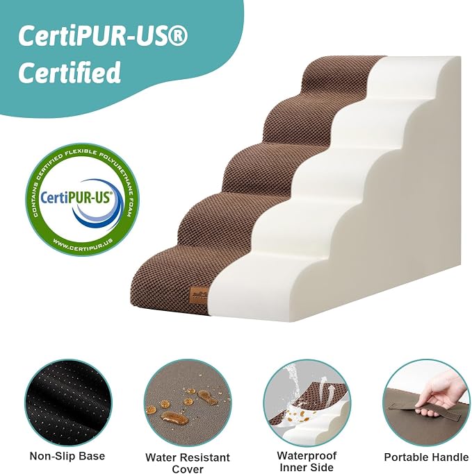 COZY KISS Wide Dog Stairs for Small Dog 22.6" H, Curved Pet Step for Puppy, Older Cat, Curved Ramp for High Bed or Car, Ladder with High Density Foam, Durable, 5 Step, 17.7x33x22.6 inch, Brown
