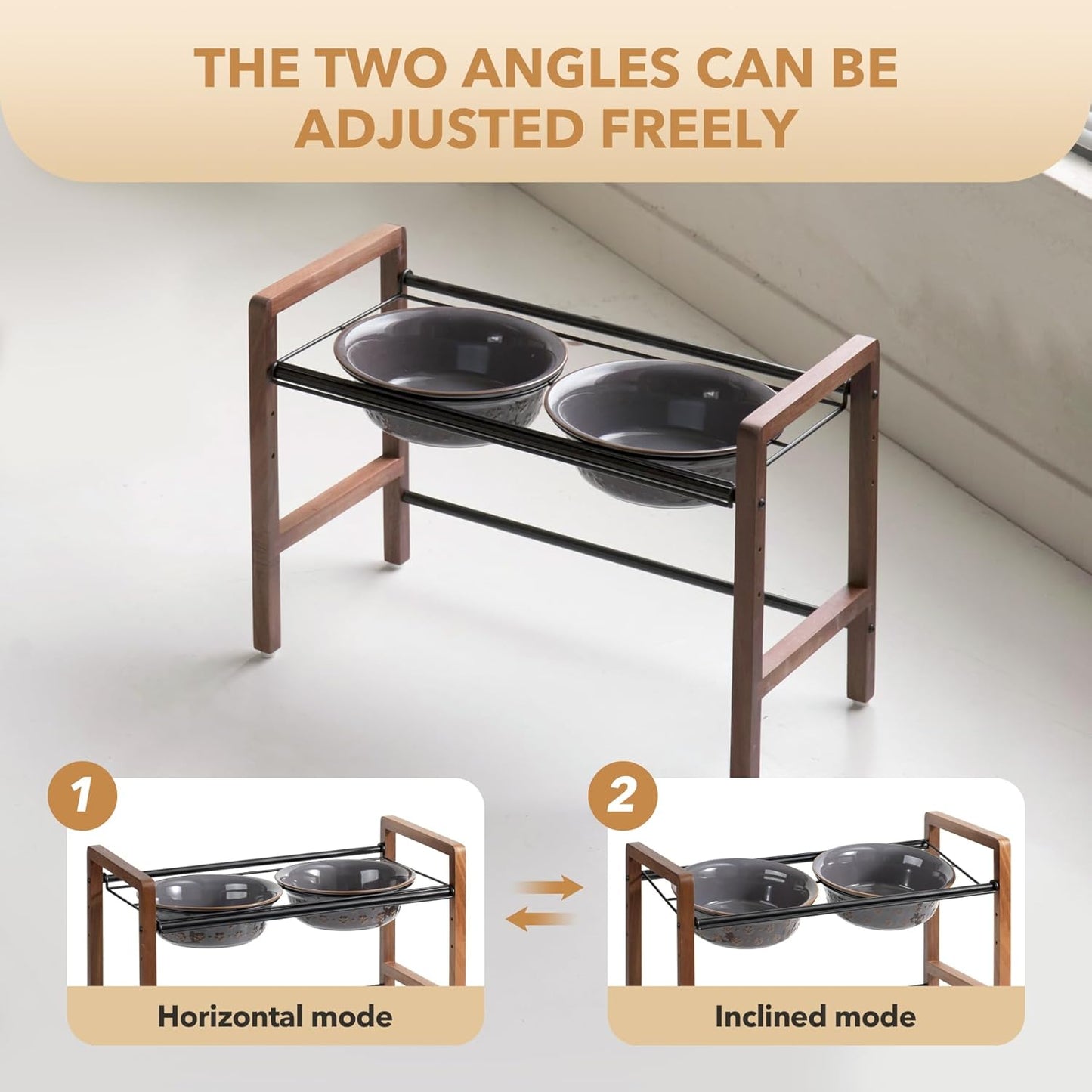 8.7inch Ceramic Adjustable Raised Double Bowls Set with Stand, 3 Heights Elevated, 2 Placement Options,Food and Water Dishes for Large Dog(Double Bowls+Stand, Reactived Glaze -Grey)