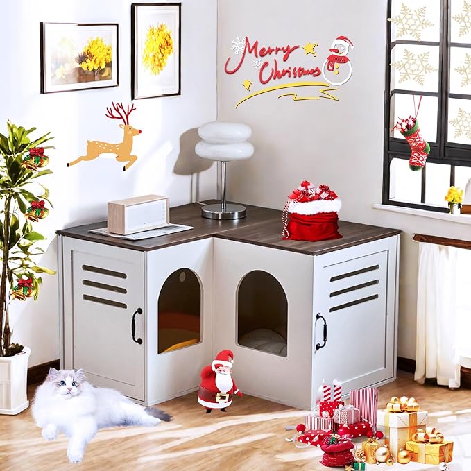 Corner Litter Box Enclosure for 2 Cats, 31.5in Hidden Litter Box Furniture, Litter Box Cabinet with Double Room, Indoor Cat House End Table, Retro White