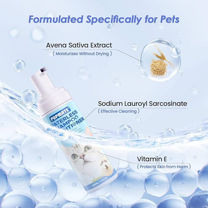Cat Waterless Shampoo - No Rinse Formula for Quick Clean Between Baths, Hypoallergenic & Detangling, Reduce Itchy Skin Shedding, Vet-Recommended for Kittens/Senior Cats, Coconut Scent